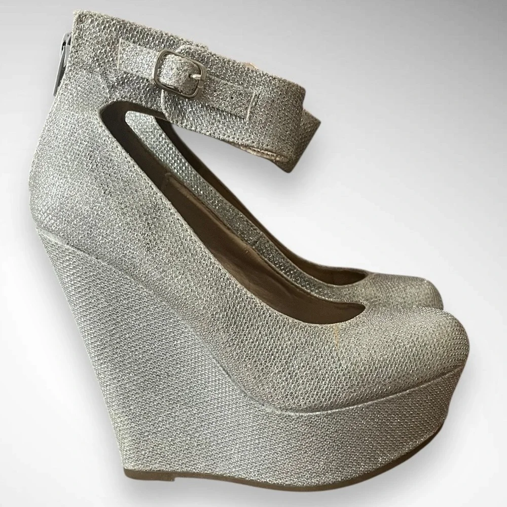 DREAM PAIRS‎ Mary Jane Silver Glitter Platform Wedge Ankle Strap Shoes 5.5 | EUC